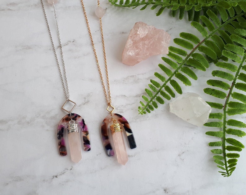 rose quartz geometric necklace,U shaped pendant,brass,arch drop,acrylic tortoise shell,pink gemstone,crystal statement necklace,modern,boho