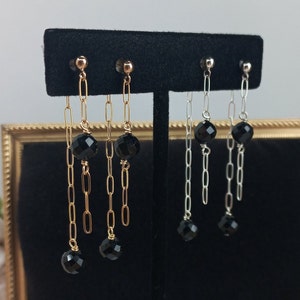 Black tourmaline chain post earring,long drop,stud,edgy,drawn cable,sterling silver,gold filled,minimalist,gemstone,October birthstone