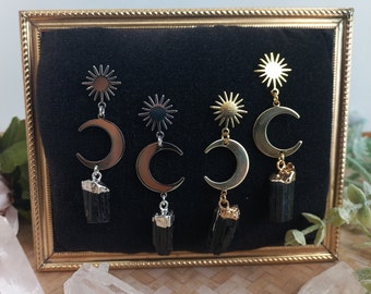 moon and sun black tourmaline dangle earrings,stud,post,gemstone,crystal,modern,statement earrings,celestial,whimsical,October birthstone