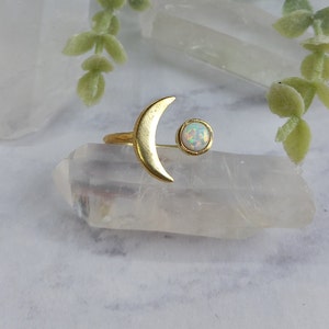 opal moon adjustable ring,brass,silver,gemstone,moon phase,iridescent,white,crystal,celestial,lunar,boho,crescent,October birthstone,circle