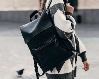 Black Leather Backpack for Women – Unisex Laptop Bag – Handmade Purse Rucksack – Genuine Leather Travel Bag – iPad Backpack