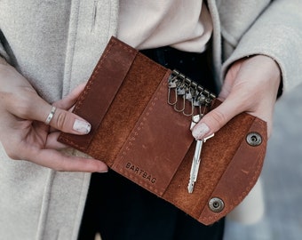 Personalisiertes Schlüsseletui aus braunem Leder | Vintage Leder Schlüsseletui | Benutzerdefinierter Schlüssel-Organizer-Halter | 11 Farben