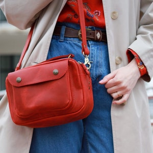 Small Leather Crossbody Bag for Women - Red Travel Purse with Zipper & Button Pockets - Adjustable Strap - Personalizable