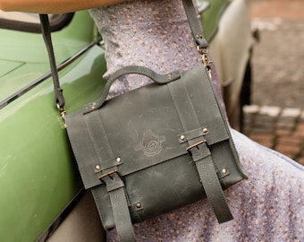 Vintage Personalized Leather Satchel Purse with Handle | Women's Crossbody Bag | Leather Shoulder Messenger Bag