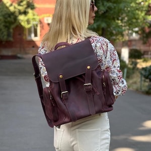 Personalized Burgundy Leather Backpack Purse for Women | Stylish Laptop Bag | Monogrammed Leather Backpack