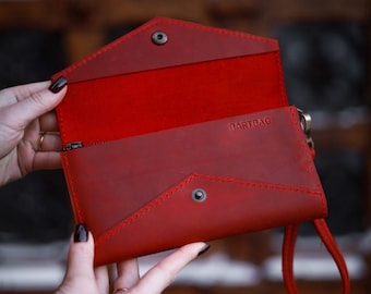 Cartera de mano de cuero rojo: cuero genuino de Caballo Loco, personalizada