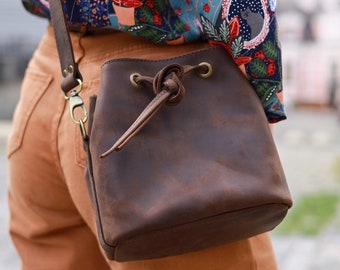 Small Crossbody Leather Bucket Bag - Drawstring Purse