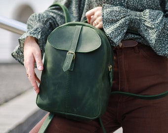 Leather backpack women mini backpack purse green backpack