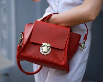 Small Red Leather Crossbody Bag for Women - Satchel Purse, Minimalist Shoulder Bag