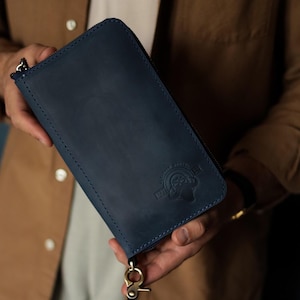 Cartera de cuero personalizada para mujer: cartera grande con cremallera, cartera para teléfono, cartera de cuero con cremallera hecha a mano, cartera grabada para hombre