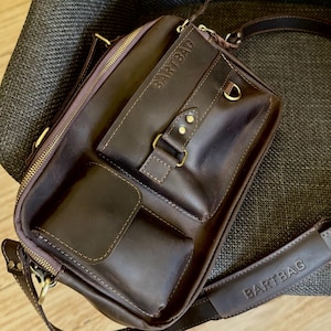 Men’s Leather Crossbody Bag – Vintage Satchel with Multiple Pockets – Full Grain Crazy Horse Leather Messenger – Personalization Available