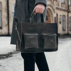 Leather Tote Bag – Large Shoulder Bag with Double Front Pockets and Removable Strap for Work or Everyday Use Leather laptop crossbody bag