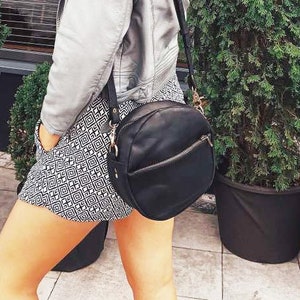 Black leather crossbody bag small black leather purse round bag