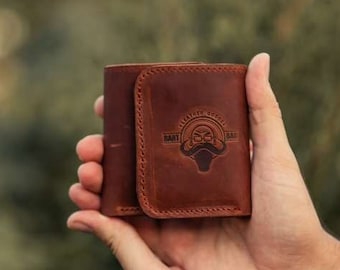 Cartera de Piel Marrón para Mujer | Cartera de bolsillo frontal personalizada | Cartera de cuero pequeña y compacta para uso diario