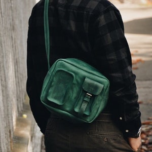 Bolso bandolera de piel auténtica para hombre | Cartera de cuero verde | Bolsa de Trabajo Unisex para Mujer | Bolsa de cámara personalizada ? Bolso de hombro de cuero