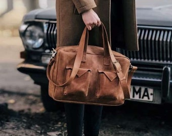 Leather Laptop Bag for Women, Vintage Crazy Horse Leather Messenger Bag, Large Crossbody Purse, Handmade Leather Shoulder Bag
