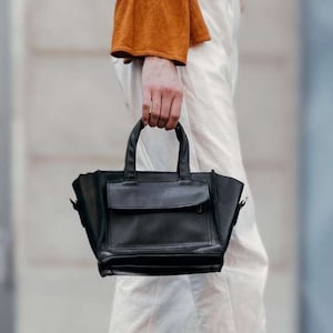 Black Leather Mini Crossbody Bag – Handmade Minimalist Purse for Women – Small Shoulder Handbag with Top Handles