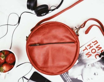 Leather crossbody small red leather purse circle bag