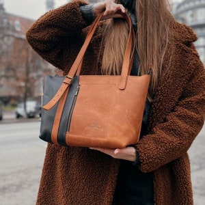 Genuine leather tote bag Leather purse crossbody Women zipper leather purse Patchwork crossbody bag  Leather shopper bag