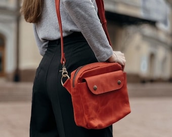 Red Leather Crossbody Bag – Handmade Shoulder Purse with Front Pocket, Adjustable Strap, Women’s Everyday Messenger Handbag