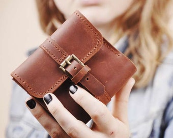 Cartera de cuero marrón mujer Cartera de cuero pequeña Cartera personalizada Mini cartera