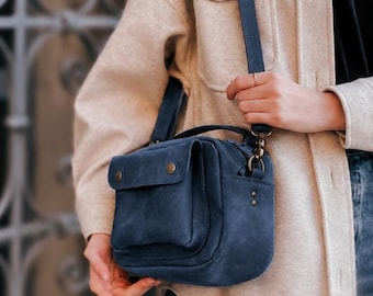 Leder-Umhängetasche für Damen, marineblaue Lederhandtasche, handgefertigte Schultertasche, kleine Alltagstasche, Geschenkidee für Sie