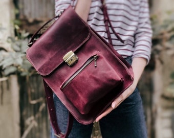 Burgundy Leather Laptop Backpack, Personalized City Backpack, Stylish Work Bag for Women, Travel Backpack Gift