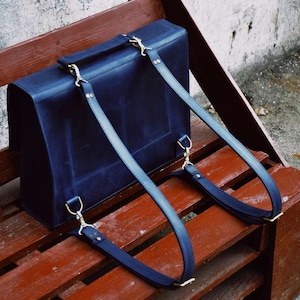 Leather satchel convertible backpack Leather backpack Laptop backpack Dark blue