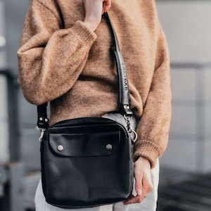 Bolso bandolera de cuero negro Bolso de cuero Bolso Messenger mujer Bolso unisex
