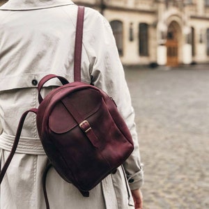 Personalized Small Burgundy Leather Backpack for Women | Vintage Rucksack Purse