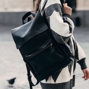 Schwarzer Lederrucksack für Damen – Unisex Laptoptasche – Handgefertigter Rucksack – Reisetasche aus echtem Leder – MacBook Rucksack