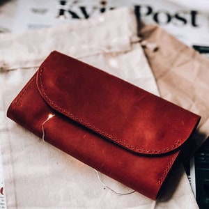 Cartera de cuero para mujer, cartera de embrague de cuero para mujer, cartera de cuero rojo
