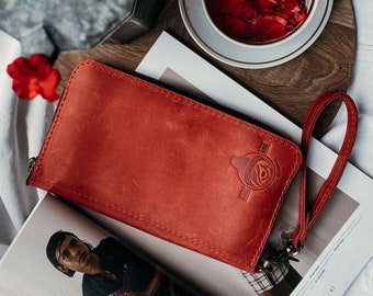Cartera de cuero rojo para mujer - Cartera de mano para pasaporte y teléfono