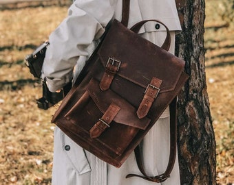 Heren leren rugzak – Vintage Satchel – Crazy Horse leren laptoptas – Handgemaakte rugzak voor werk, reizen of cadeau