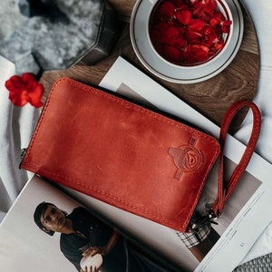 Cartera de cuero rojo para mujer - Cartera de mano para pasaporte y teléfono