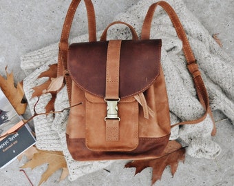 Two-Tone Leather Backpack for Women – Handmade Small Rucksack – Casual Day Bag in Crazy Horse Leather – Personalized backpack