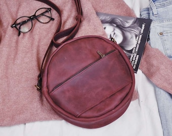 Burgundy Round Leather Crossbody Purse | Personalized Women's Bag