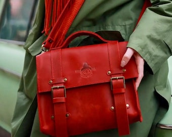 Red Leather Satchel for Women | Genuine Leather Bag | Personalized Soft Leather Messenger Bag