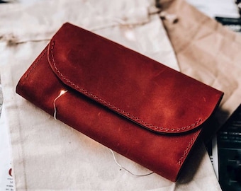 Cartera de cuero para mujer, cartera de embrague de cuero para mujer, cartera de cuero rojo