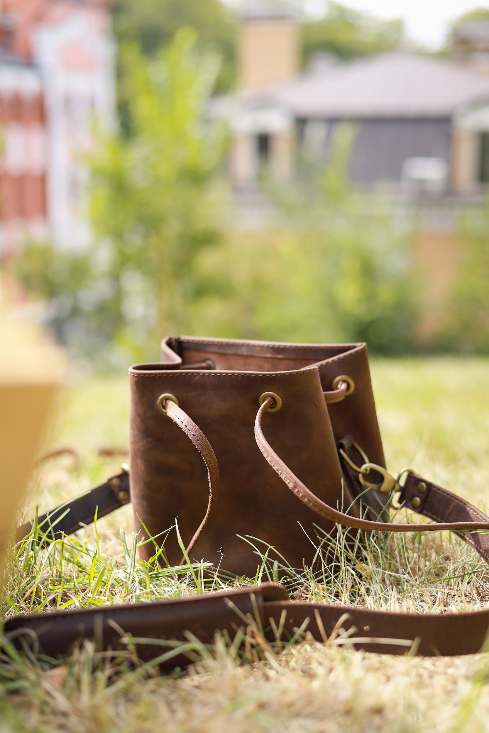 Small Crossbody Leather Bucket Bag - Drawstring Purse