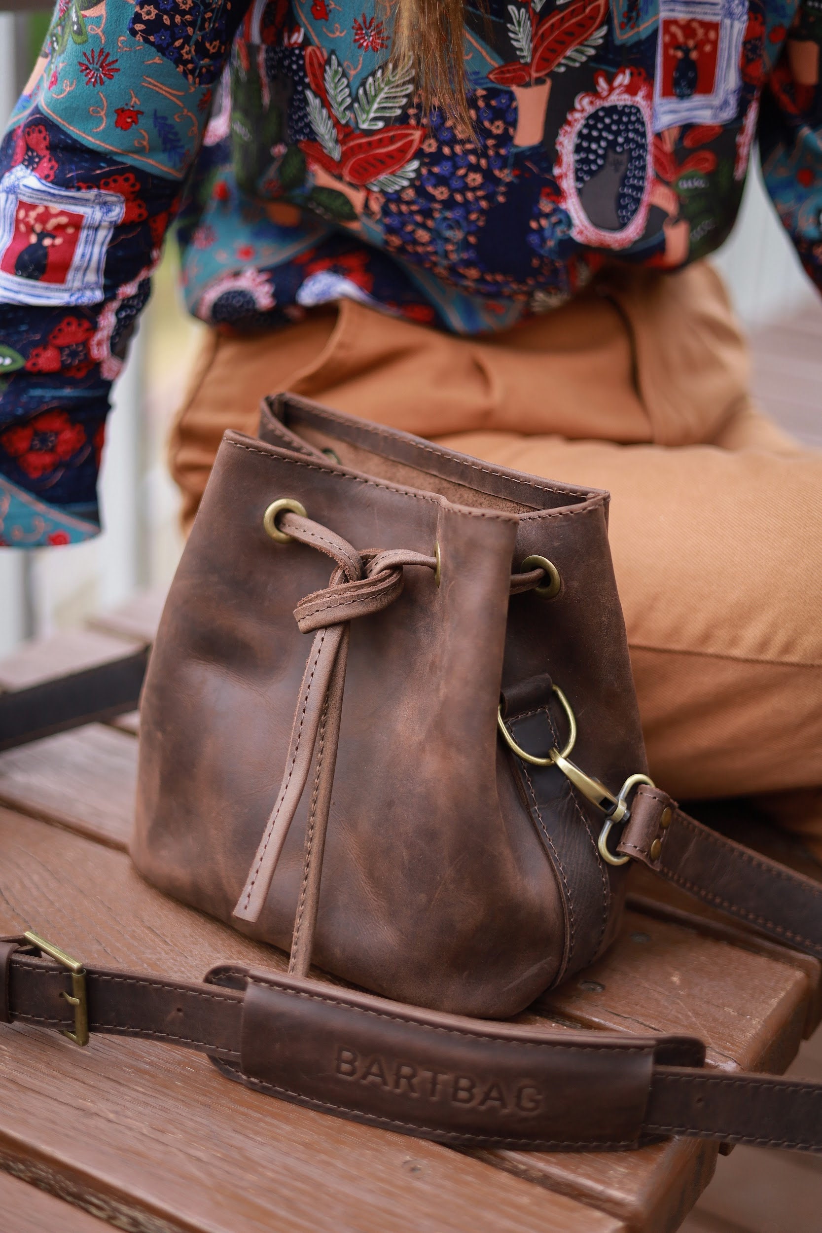 Borsa A Secchiello In Tela Di Cotone Con Coulisse - Piccola Tracolla Boho, Regolabile, Con Tasca Interna, Colore Cammello