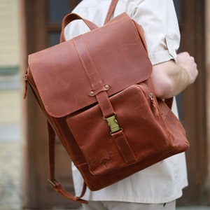 Leather backpack men travel backpack laptop backpack backpack women Cognac