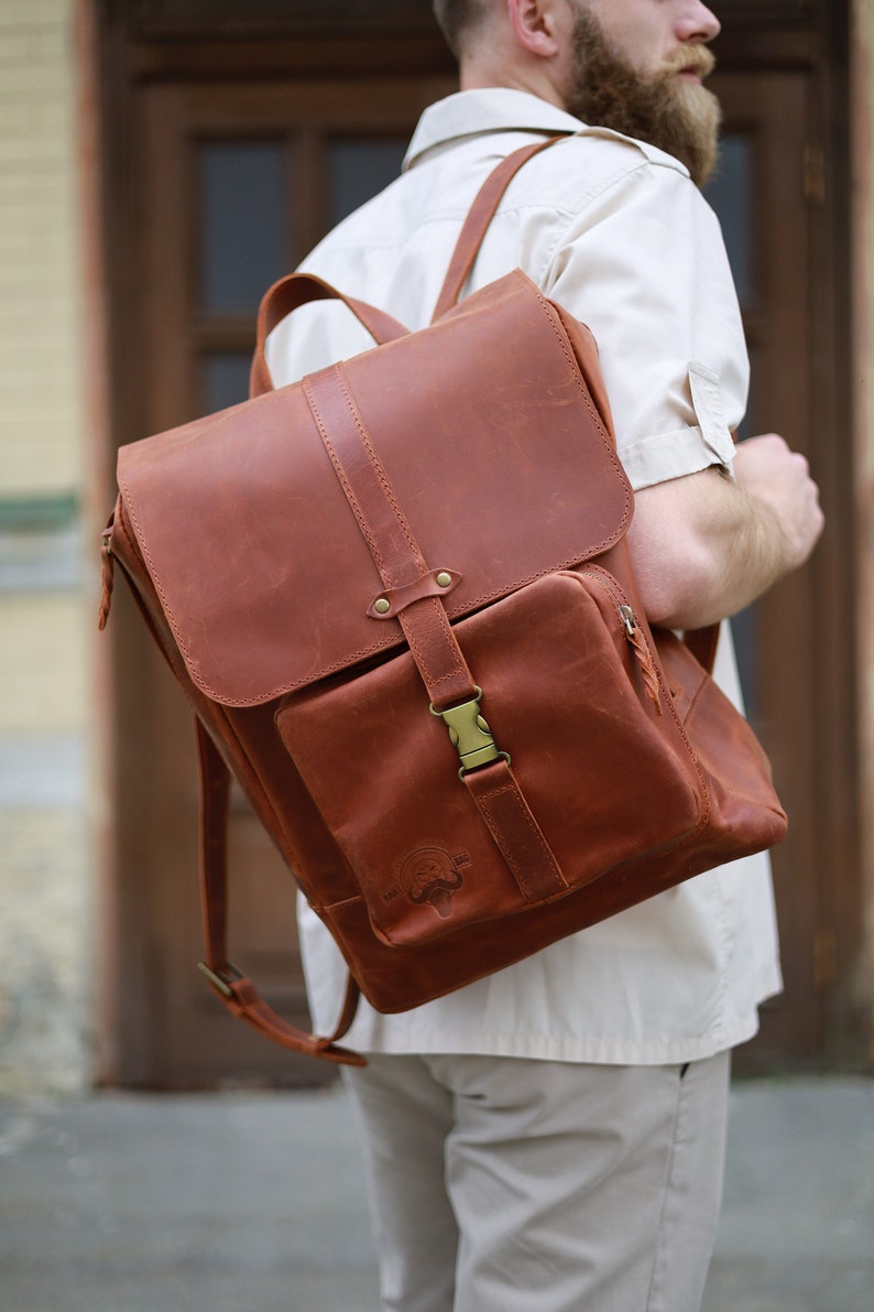 Leather backpack men travel backpack laptop backpack backpack women Cognac