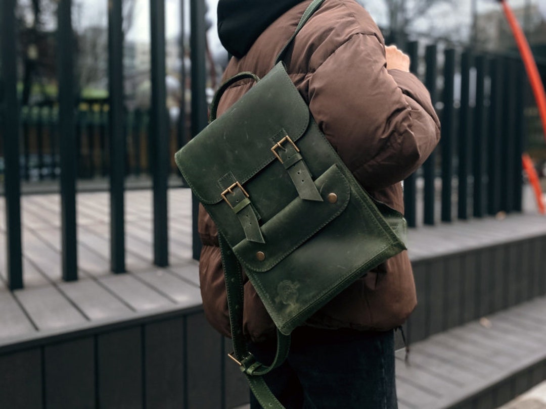 Green Crazy Horse Vintage Green Leather Backpack: Unisex Handmade