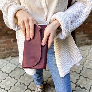 Personalized Burgundy Leather Clutch Wallet | Handmade Long Wallet for Women | Custom Engraved Travel Purse