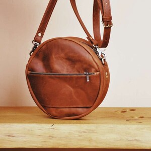 Black leather crossbody bag small black leather purse round bag Cognac