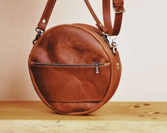 Leather crossbody round bag red leather purse round bag