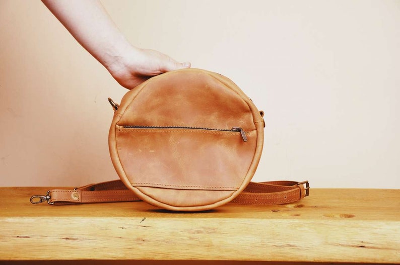 Black leather crossbody bag small black leather purse round bag Orange