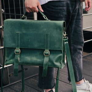 Leather satchel convertible backpack Leather backpack Laptop backpack Green