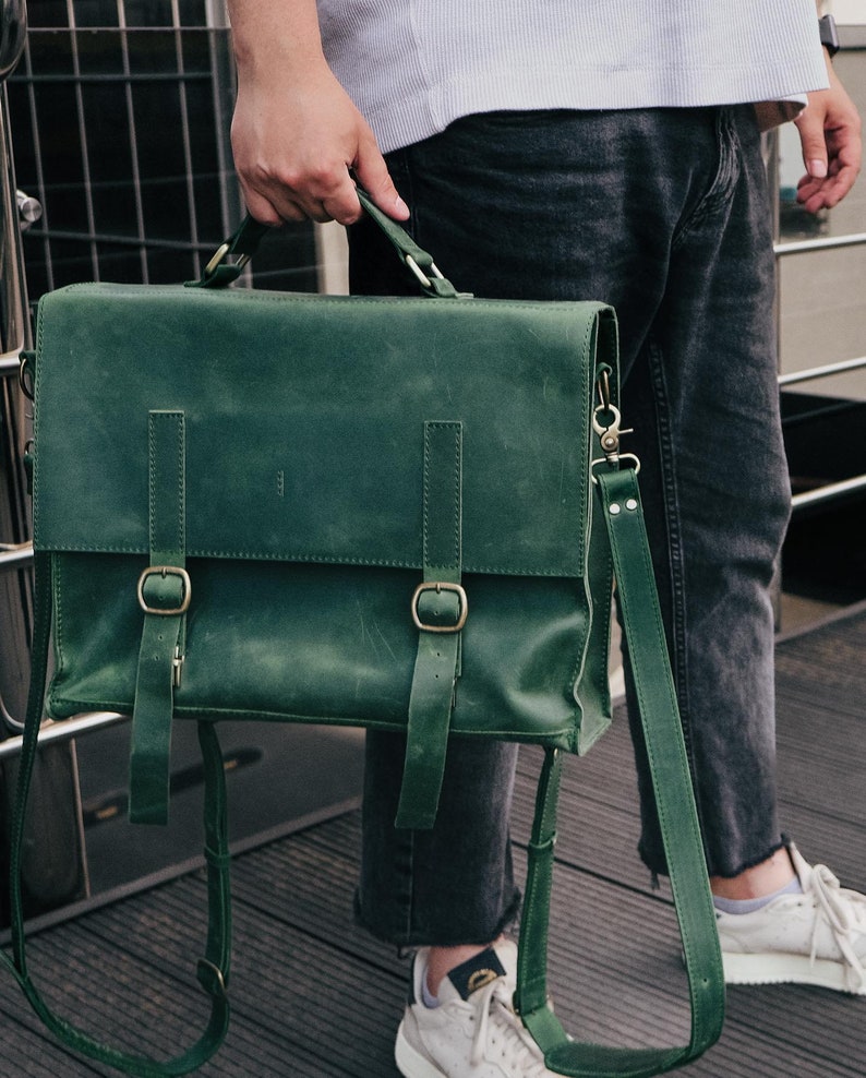 Leather satchel convertible backpack Leather backpack Laptop backpack Green